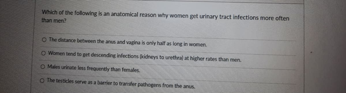 Which of the following is an anatomical reason why women get urinary tract infections more often
than men?
O The distance between the anus and vagina is only half as long in women.
O Women tend to get descending infections (kidneys to urethra) at higher rates than men.
O Males urinate less frequently than females.
O The testicle serve as a barrier to transfer pathogens from the anus.
