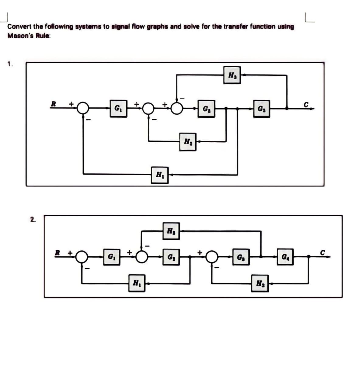 Convert the following systems to signal flow graphs and solve for the transfer function using
Mason's Rule:
1.
2.
R
F
-ခင်-ဒီ-
.
G₁
.