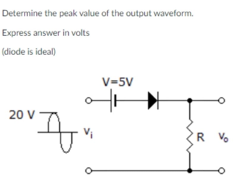 Determine the peak value of the output waveform.
Express answer in volts
(diode is ideal)
20 V
q
Vi
V=5V
R %