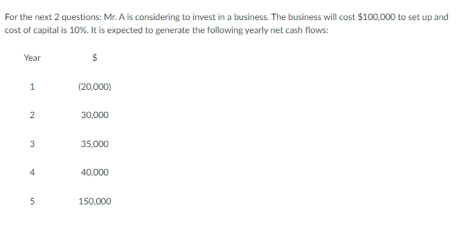 For the next 2 questions: Mr. A is considering to invest in a business. The business will cost $100,000 to set up and
cost of capital is 10%. It is expected to generate the following yearly net cash flows:
Year
1
2
3
4
5
(20,000)
30,000
35,000
40,000
150,000