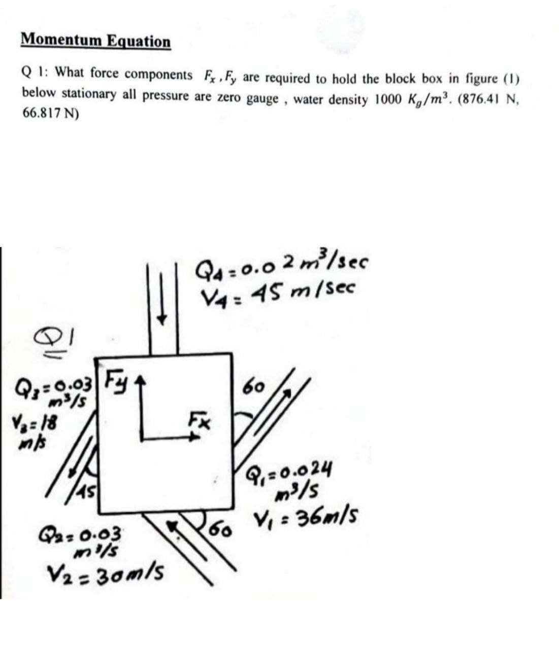 Momentum Equation
Q1: What force components F, Fy are required to hold the block box in figure (1)
below stationary all pressure are zero gauge, water density 1000 Kg/m³. (876.41 N,
66.817 N)
Q4=0.02 m³/sec
V4= 45 m/sec
QI
Q₁=0.03 Fy
60
m³/s
V₂=18
m/s
Q₁=0.024
m³/s
V₁ = 36m/s
Q₂ = 0.03
V₂=30m/s
Fx