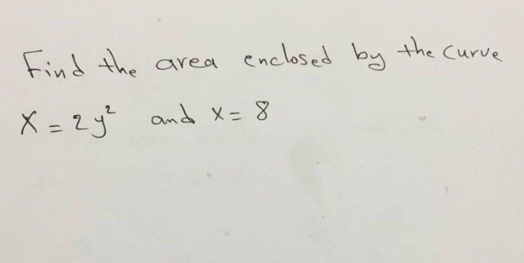 enclosed by
Find the
area
X = 2y² and x = 8
the Curve