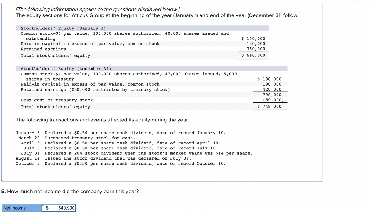 [The following information applies to the questions displayed below.]
The equity sections for Atticus Group at the beginning of the year (January 1) and end of the year (December 31) follow.
Stockholders' Equity (January 1)
Common stock-$4 par value, 100,000 shares authorized, 40,000 shares issued and
outstanding
Paid-in capital in excess of par value, common stock
Retained earnings
Total stockholders' equity
Stockholders' Equity (December 31)
Common stock-$4 par value, 100,000 shares authorized, 47,000 shares issued, 5,000
shares in treasury
Paid-in capital in excess of par value, common stock
Retained earnings ($50,000 restricted by treasury stock)
Less cost of treasury stock
Total stockholders' equity
The following transactions and events affected its equity during the year.
January 5 Declared a $0.50 per share cash dividend, date of record January 10.
March 20 Purchased treasury stock for cash.
April 5
July 5
July 31
August 14
October 5
5. How much net income did the company earn this year?
Net income
Declared a $0.50 per share cash dividend, date of record April 10.
Declared a $0.50 per share cash dividend, date of record July 10.
Declared a 20% stock dividend when the stock's market value was $14 per share.
Issued the stock dividend that was declared on July 31.
Declared a $0.50 per share cash dividend, date of record October 10.
$
$ 160,000
120,000
360,000
$ 640,000
640,900
$ 188,000
190,000
420,000
798,000
(50,000)
$ 748,000