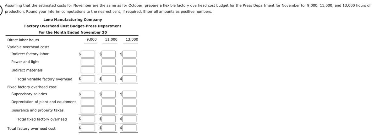 Assuming that the estimated costs for November are the same as for October, prepare a flexible factory overhead cost budget for the Press Department for November for 9,000, 11,000, and 13,000 hours of
production. Round your interim computations to the nearest cent, if required. Enter all amounts as positive numbers.
Leno Manufacturing Company
Factory Overhead Cost Budget-Press Department
For the Month Ended November 30
Direct labor hours
9,000
11,000
13,000
Variable overhead cost:
Indirect factory labor
$
$4
Power and light
Indirect materials
Total variable factory overhead
Fixed factory overhead cost:
Supervisory salaries
Depreciation of plant and equipment
Insurance and property taxes
Total fixed factory overhead
Total factory overhead cost
%24
