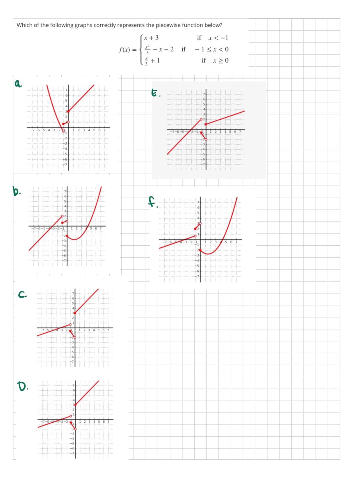 Which of the following graphs correctly represents the piecewise function below?
x + 3
if x < -1
f(x) =
x²
-- x - 2
if
- 1< x < 0
+1
if x 20
a
E.
-7-6-5
1 2
3 4567
-7-6-5-
3-2
b.
-7-6-5-
A..
C.
-7-
2 3 4 5 6
-6
+-7
D.
1 234S
