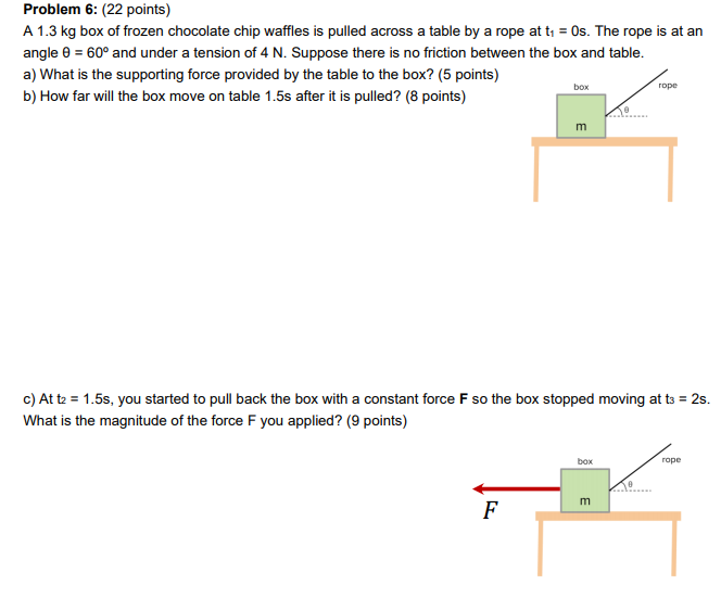 Problem 6: (22 points)
A 1.3 kg box of frozen chocolate chip waffles is pulled across a table by a rope at t; = Os. The rope is at an
angle 0 = 60° and under a tension of 4 N. Suppose there is no friction between the box and table.
a) What is the supporting force provided by the table to the box? (5 points)
box
rope
b) How far will the box move on table 1.5s after it is pulled? (8 points)
m
c) At tz = 1.5s, you started to pull back the box with a constant force F so the box stopped moving at ts = 2s.
What is the magnitude of the force F you applied? (9 points)
box
горе
m
F
