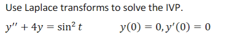 Use Laplace transforms
y" + 4y = sin² t
to solve the IVP.
y(0) = 0, y'(0) = 0