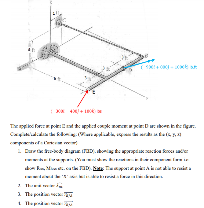 1 ft
3 ft
B
3 ft
3 ft
(-9002 + 800f + 1000k) Ib.ft
6 ft
3 ft
E
(-300î – 400ĵ + 100k) Ibs
The applied force at point E and the applied couple moment at point D are shown in the figure.
Complete/calculate the following: (Where applicable, express the results as the (x, y, z)
components of a Cartesian vector)
1. Draw the free-body diagram (FBD), showing the appropriate reaction forces and/or
moments at the supports. (You must show the reactions in their component form i.e.
show RAx, MRAX etc. on the FBD). Note: The support at point A is not able to resist a
moment about the 'X' axis but is able to resist a force in this direction.
2. The unit vector ÅBc
3. The position vector Tɛ/a
4. The position vector īB/a
