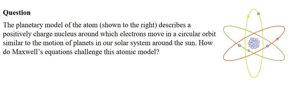 The planetary model of the atom (shown to the right) describes a
positively charge nucleus around which electrons move in a circular orbit
similar to the motion of planets in our solar system around the sun. How
do Maxwell's equations challenge this atomic model?
