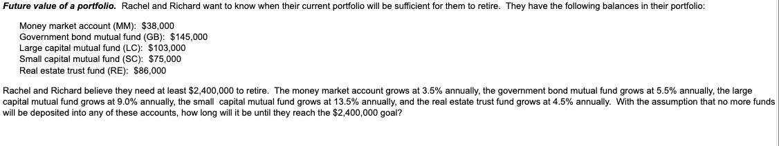 Future value of a portfolio. Rachel and Richard want to know when their current portfolio will be sufficient for them to retire. They have the following balances in their portfolio:
Money market account (MM): $38,000
Government bond mutual fund (GB): $145,000
Large capital mutual fund (LC): $103,000
Small capital mutual fund (SC): $75,000
Real estate trust fund (RE): $86,000
Rachel and Richard believe they need at least $2,400,000 to retire. The money market account grows at 3.5% annually, the government bond mutual fund grows at 5.5% annually, the large
capital mutual fund grows at 9.0% annually, the small capital mutual fund grows at 13.5% annually, and the real estate trust fund grows at 4.5% annually. With the assumption that no more funds
will be deposited into any of these accounts, how long will it be until they reach the $2,400,000 goal?