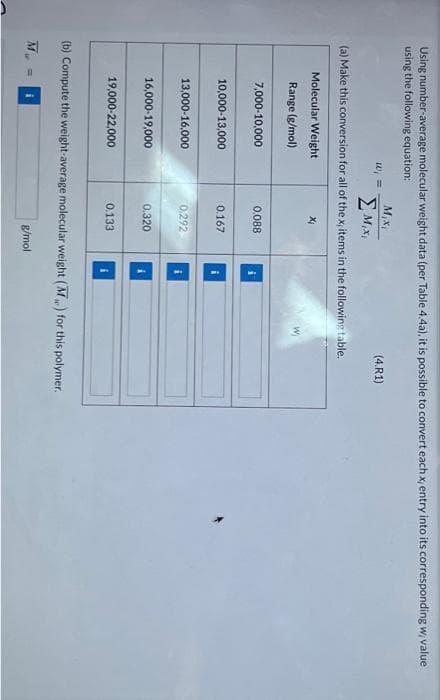 Using number-average molecular weight data (per Table 4.4a), it is possible to convert each x, entry into its corresponding w, value
using the following equation:
M₁X₁
Mixi
(a) Make this conversion for all of the x, items in the following table.
Molecular Weight
Range (g/mol)
7,000-10,000
10,000-13,000
13,000-16,000
16,000-19,000
19,000-22,000
W, =
X₂
0.088
0.167
0,292
0.320
0.133
i
g/mol
(4.R1)
(b) Compute the weight-average molecular weight (M) for this polymer.
M L
