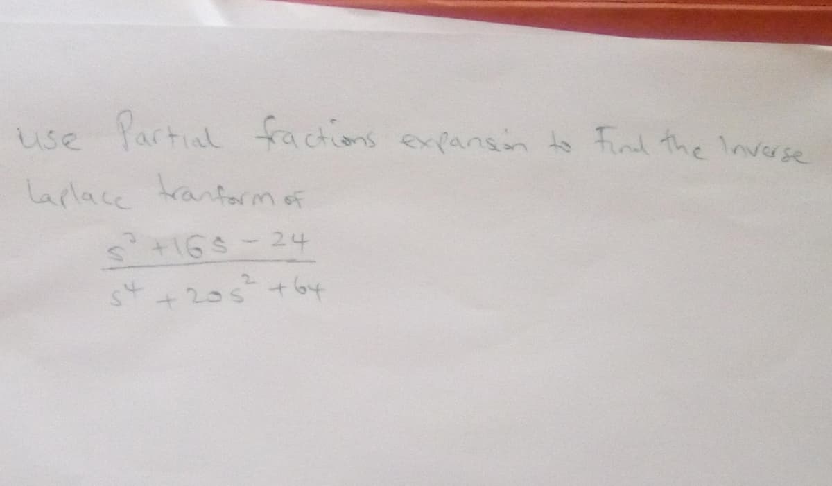 use Partial fractions expansion to Find the Inverse
Laplace tranform of
S² +165 -24
st+205² +64