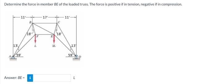 Determine the force in member BE of the loaded truss. The force is positive if in tension, negative if in compression.
B
18-
क्
L
13
59
Answer: BE =
17¹
21.
18
11'
13
59