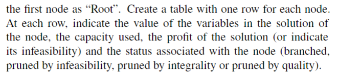 the first node as "Root". Create a table with one row for each node.
At each row, indicate the value of the variables in the solution of
the node, the capacity used, the profit of the solution (or indicate
its infeasibility) and the status associated with the node (branched,
pruned by infeasibility, pruned by integrality or pruned by quality).