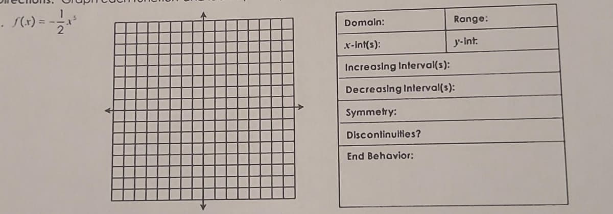 - S(x) = -1/2 x ²
. .
Domain:
Range:
y'-int.
.x-int(s):
Increasing Interval(s):
Decreasing Interval(s):
Symmetry:
Discontinuities?
End Behavior: