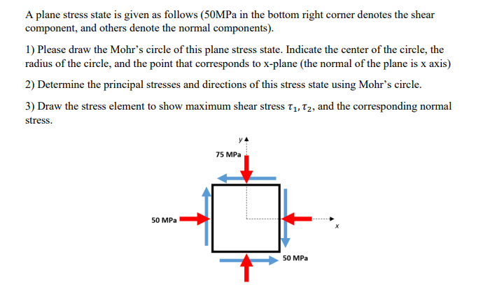 A plane stress state is given as follows (50MP in the bottom right corner denotes the shear
component, and others denote the normal components).
1) Please draw the Mohr's circle of this plane stress state. Indicate the center of the circle, the
radius of the circle, and the point that corresponds to x-plane (the normal of the plane is x axis)
2) Determine the principal stresses and directions of this stress state using Mohr's circle.
3) Draw the stress element to show maximum shear stress 71, T2, and the corresponding normal
stress.
75 MPa
50 MPa
50 MPa
