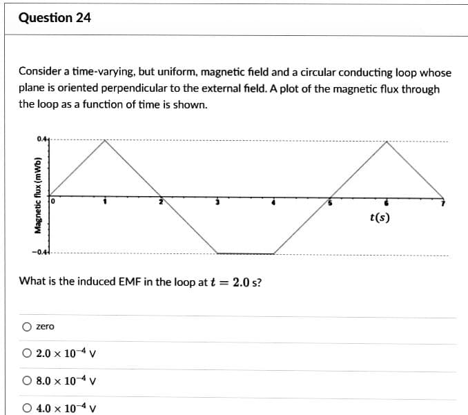 Question 24
Consider a time-varying, but uniform, magnetic field and a circular conducting loop whose
plane is oriented perpendicular to the external field. A plot of the magnetic flux through
the loop as a function of time is shown.
Magnetic flux (mWb)
-0.44
What is the induced EMF in the loop at t = 2.0 s?
zero
2.0 x 10-4 V
8.0 x 10-4 V
4.0 x 10 4 V
t(s)