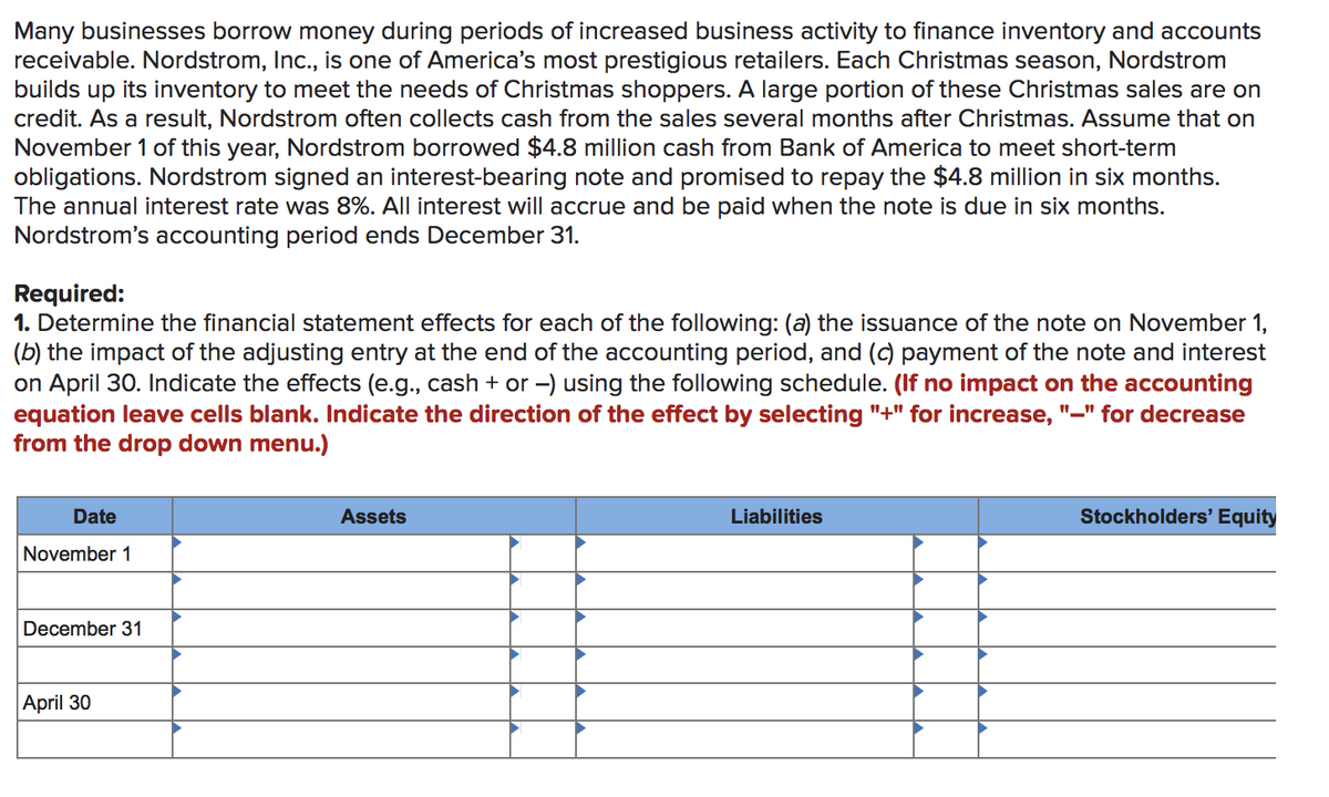 Many businesses borrow money during periods of increased business activity to finance inventory and accounts
receivable. Nordstrom, Inc., is one of America's most prestigious retailers. Each Christmas season, Nordstrom
builds up its inventory to meet the needs of Christmas shoppers. A large portion of these Christmas sales are on
credit. As a result, Nordstrom often collects cash from the sales several months after Christmas. Assume that on
November 1 of this year, Nordstrom borrowed $4.8 million cash from Bank of America to meet short-term
obligations. Nordstrom signed an interest-bearing note and promised to repay the $4.8 million in six months.
The annual interest rate was 8%. All interest will accrue and be paid when the note is due in six months.
Nordstrom's accounting period ends December 31.
Required:
1. Determine the financial statement effects for each of the following: (a) the issuance of the note on November 1,
(b) the impact of the adjusting entry at the end of the accounting period, and (c) payment of the note and interest
on April 30. Indicate the effects (e.g., cash + or -) using the following schedule. (If no impact on the accounting
equation leave cells blank. Indicate the direction of the effect by selecting "+" for increase, "_" for decrease
from the drop down menu.)
Date
November 1
December 31
April 30
Assets
Liabilities
Stockholders' Equity