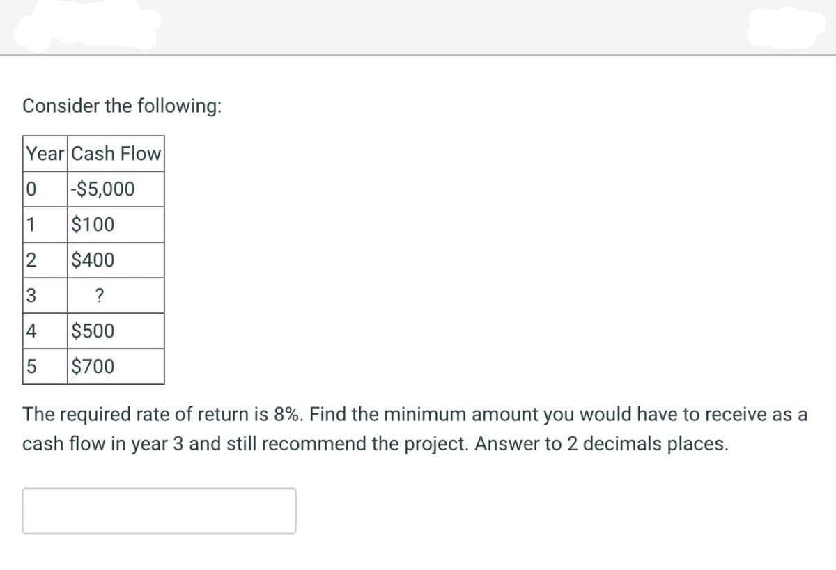 Consider the following:
Year Cash Flow
0 -$5,000
$100
$400
?
$500
$700
2
3
4
5
The required rate of return is 8%. Find the minimum amount you would have to receive as a
cash flow in year 3 and still recommend the project. Answer to 2 decimals places.