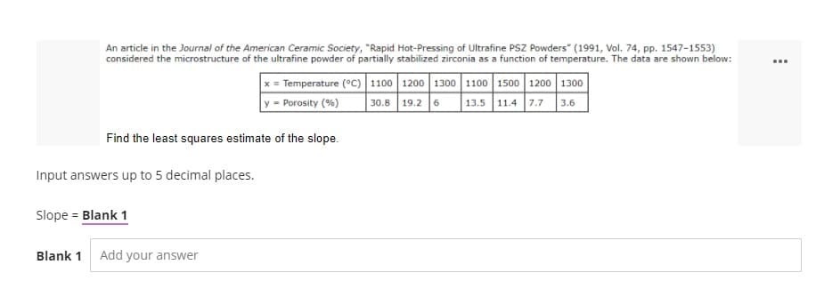 An article in the Journal of the American Ceramic Society, "Rapid Hot-Pressing of Ultrafine PSZ Powders" (1991, Vol. 74, pp. 1547-1553)
considered the microstructure of the ultrafine powder of partially stabilized zirconia as a function of temperature. The data are shown below:
...
x = Temperature (°C) | 1100 1200 1300 1100 1500 1200 1300
y = Porosity (%)
30.8 19.2 6
13.5 11.4 7.7
3.6
Find the least squares estimate of the slope.
Input answers up to 5 decimal places.
Slope = Blank 1
Blank 1
Add your answer
