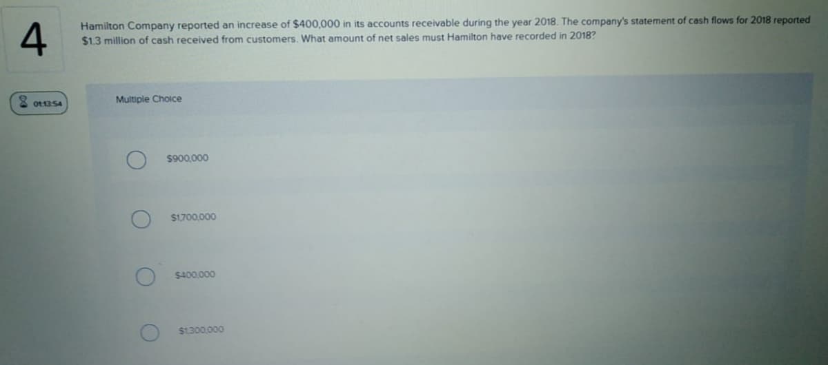 Hamilton Company reported an increase of $400,000 in its accounts receivable during the year 2018. The company's statement of cash flows for 2018 reported
$1.3 million of cash received from customers. What amount of net sales must Hamilton have recorded in 2018?
8 o11354
Multiple Cholce
$900,000
$1700,000
$400.000
$1.300,000
