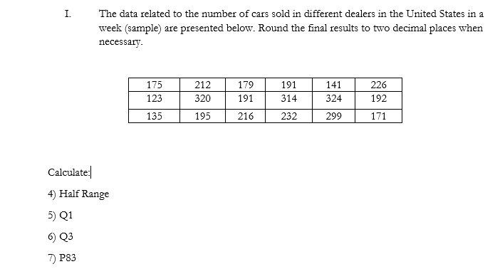 I.
The data related to the number of cars sold in different dealers in the United States in a
week (sample) are presented below. Round the final results to two decimal places when
necessary.
175
212
226
192
179
191
141
123
320
191
314
324
135
195
216
232
299
171
Calculate|
4) Half Range
5) Q1
6) Q3
7) P83
