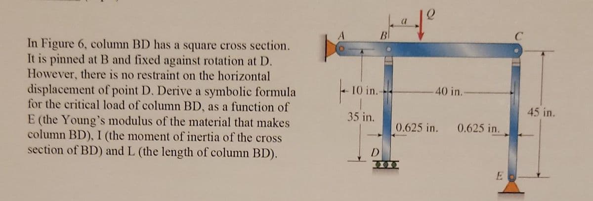 BI
In Figure 6, column BD has a square cross section.
It is pinned at B and fixed against rotation at D.
However, there is no restraint on the horizontal
displacement of point D. Derive a symbolic formula
for the critical load of column BD, as a function of
E (the Young's modulus of the material that makes
column BD), I (the moment of inertia of the cross
section of BD) and L (the length of column BD).
10 in.-
-40 in.-
45 in.
35 in.
0.625 in.
0.625 in.
E
