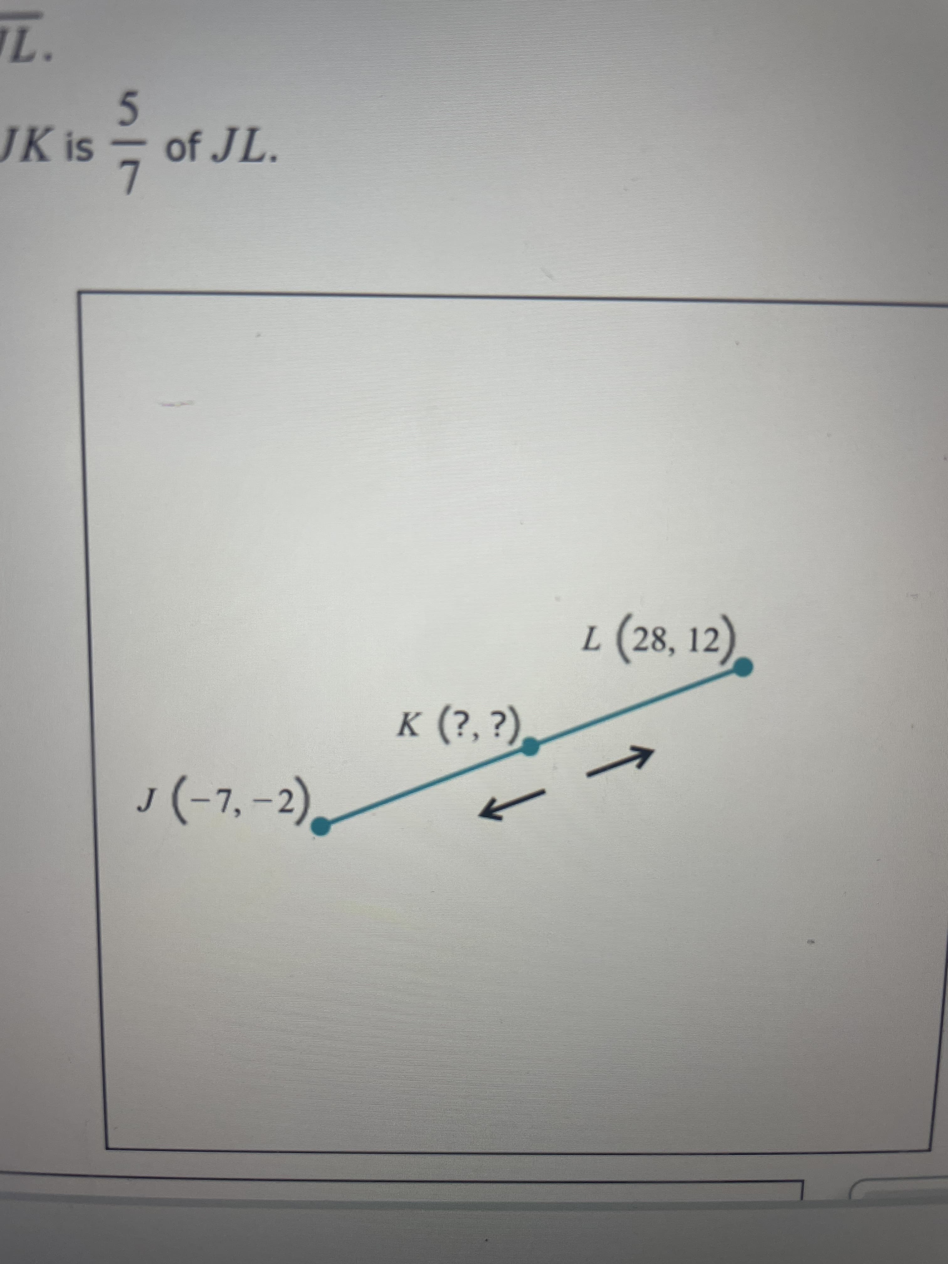 JK is
of JL.
L (28, 12)
K (?, ?).
J )
(-7,-2
