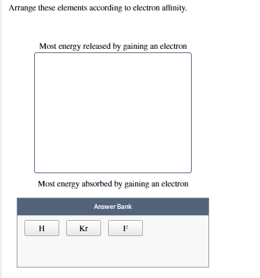 Arrange these elements according to electron affinity.
Most energy released by gaining an electron
Most energy absorbed by gaining an electron
Answer Bank
H
Kr
F
