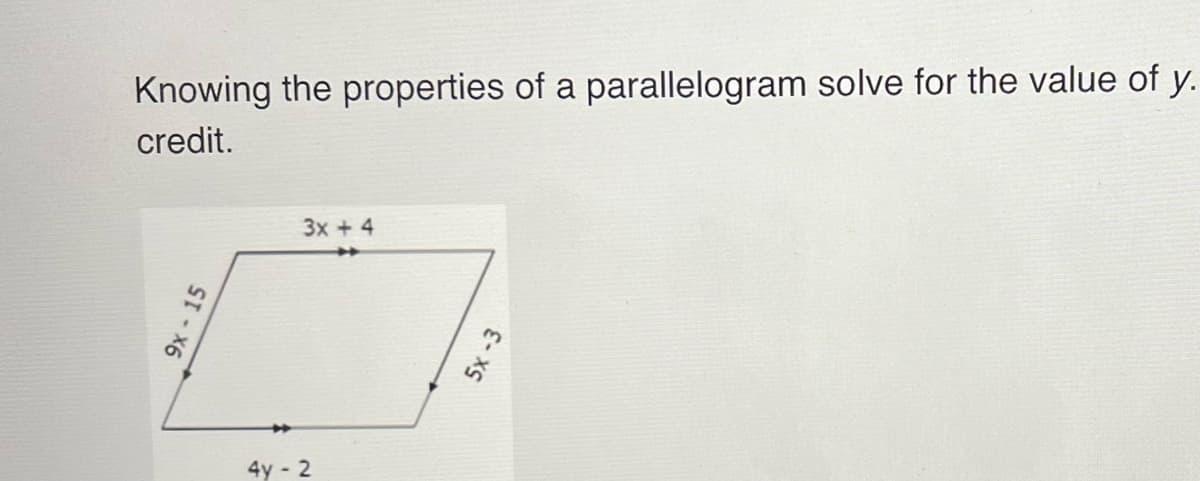 Knowing the properties of a parallelogram solve for the value of y.
credit.
9x - 15
3x + 4
4y - 2
5x - 3