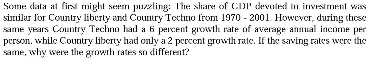 Some data at first might seem puzzling: The share of GDP devoted to investment was
similar for Country liberty and Country Techno from 1970 - 2001. However, during these
same years Country Techno had a 6 percent growth rate of average annual income per
person, while Country liberty had only a 2 percent growth rate. If the saving rates were the
same, why were the growth rates so different?
