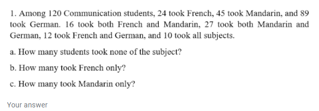 1. Among 120 Communication students, 24 took French, 45 took Mandarin, and 89
took German. 16 took both French and Mandarin, 27 took both Mandarin and
German, 12 took French and German, and 10 took all subjects.
a. How many students took none of the subject?
b. How many took French only?
c. How many took Mandarin only?
Your answer
