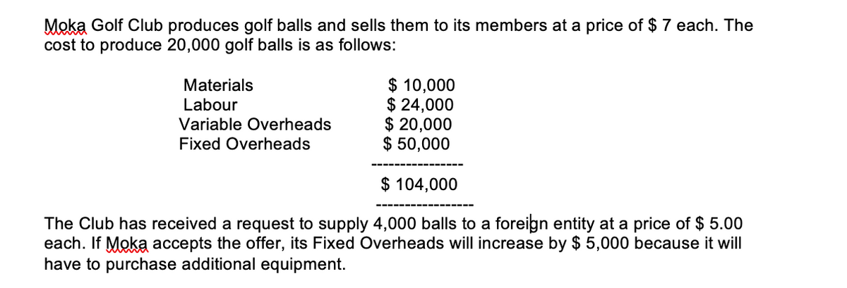 Moka Golf Club produces golf balls and sells them to its members at a price of $ 7 each. The
cost to produce 20,000 golf balls is as follows:
$ 10,000
$ 24,000
$ 20,000
$ 50,000
Materials
Labour
Variable Overheads
Fixed Overheads
$ 104,000
The Club has received a request to supply 4,000 balls to a foreign entity at a price of $ 5.00
each. If Moka accepts the offer, its Fixed Overheads will increase by $ 5,000 because it will
have to purchase additional equipment.
