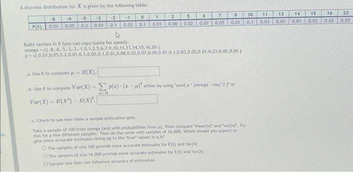 A discrete distribution for X is given by the foliowing table:
-6
-5
-3
-2
-1
1.
5
9.
7.
10
11
13
14
15
16
20
P(X)
0.01 0.05
0.2
0,01
0.1
0.03
0.1
0,01
0.08
0.02 0.07
0.05
0.01
0.1
0.03
0.02
0.01
0.03
0.02
0.05
Build vectors in R tyou can copy/paste for speed):
omega - cl-8,6, 5,3,2,-1.0,1,2,5.6.7,9, 10,11,13.14,15, 16,20 )
p-c(0.01,0.05,0.2,0.01,0.1,0.03,0.1,0.01,0.08,0.02,0.07,0.05,0.01,0.1,0.03,0.02,0.01,0.03,0.02,0.05 )
a. Use R to compute j
E(X).
b. Uhe R to compute Var(X) =2 P(z) (2 - ) either by using "sum p (omega mu) 2 )" or
Var(X) - E(X) - E(X)".
c. Check to see how close a sample estimation gets.
Take a sample of 100 from omega (and with probabilities from p). Then compute "mean(x)" and varx). Try
this for a few different samples. Then do the same with samples of 16.000. which should you expect to
give more accurate estimates lining up to the "true" values in a,b
O The samples of size 100 provide more accurate estimates for EX) and Var (X)
O The saimples of size 16.000 provide more accurate estimates for E(X) and Var(X)
OSample size does not influence accuracy of estimation.
