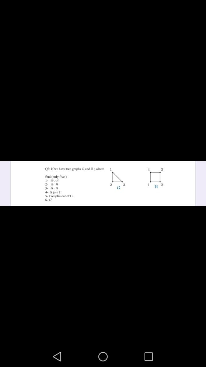 03: If we have two graphs G and H; where
3
find (only five )
1- GUH
2- GnH
3- G-H
3
H
4- G join H
5- Compliment of G.
6- G
