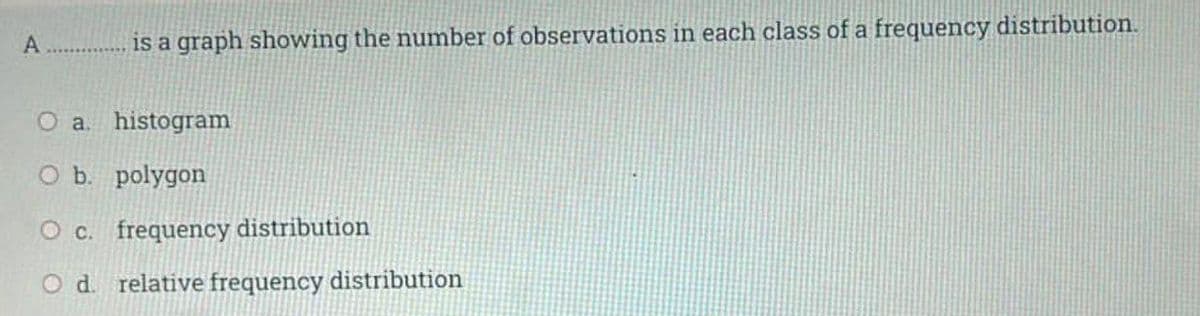 is a graph showing the number of observations in each class of a frequency distribution.
O a histogram
O b. polygon
O c. frequency distribution
O d. relative frequency distribution
