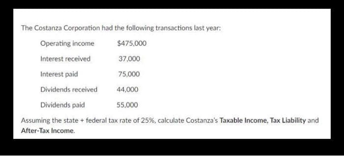 The Costanza Corporation had the following transactions last year:
Operating income
$475,000
Interest received
37,000
Interest paid
75,000
Dividends received
44,000
Dividends paid
55,000
Assuming the state + federal tax rate of 25%, calculate Costanza's Taxable Income, Tax Liability and
After-Tax Income.
