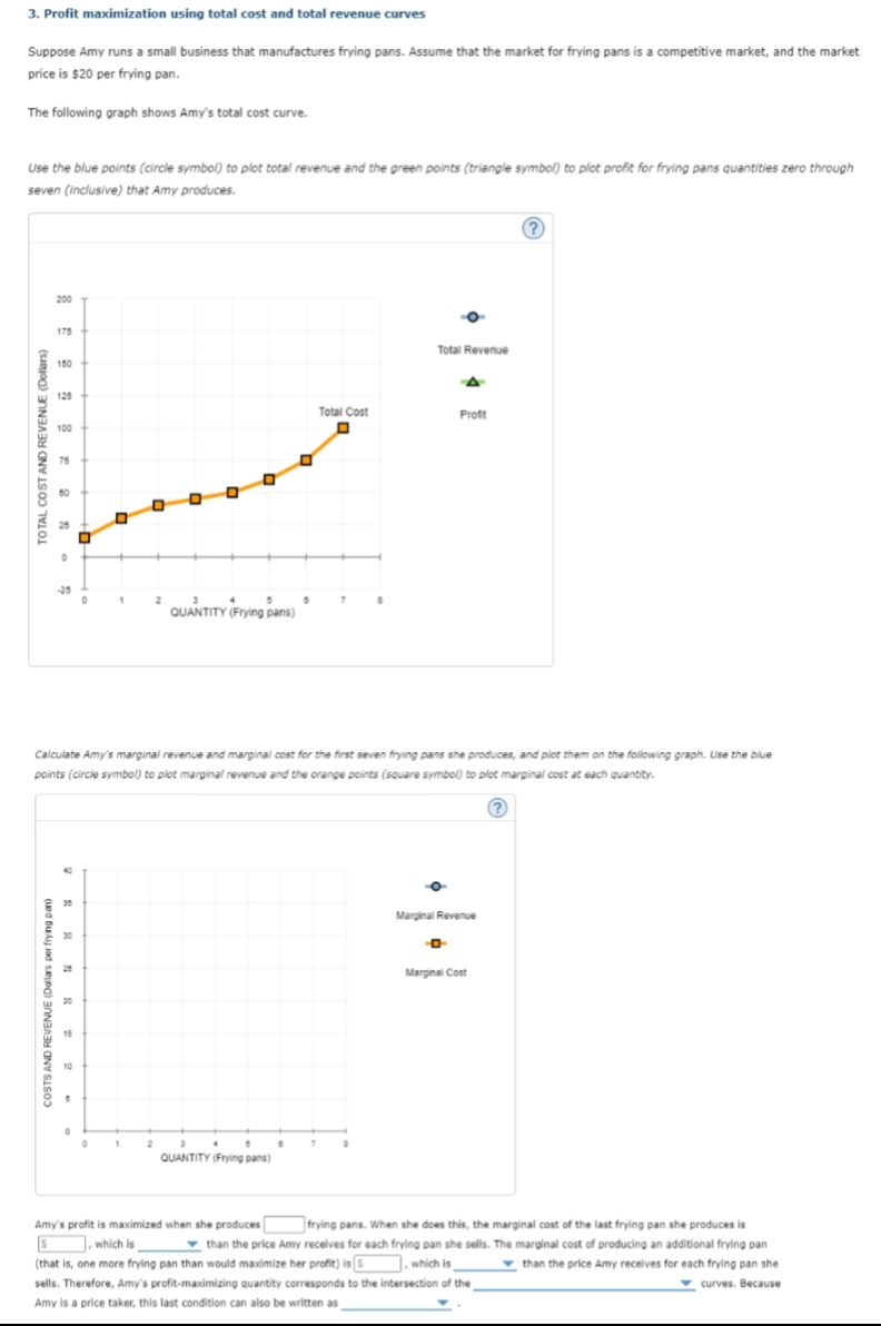 3. Profit maximization using total cost and total revenue curves
Suppose Amy runs a small business that manufactures frying pans. Assume that the market for frying pans is a competitive market, and the market
price is $20 per frying pan.
The following graph shows Amy's total cost curve.
Use the blue points (circle symbol) to plot total revenue and the green points (triangle symbol) to plot profit for frying pans quantities zero through
seven (inclusive) that Amy produces.
Dollars)
TOTAL COST AND REVENUE
200
COSTS AND REVENUE (Dollars per frying pan)
175
150
125
100
75
-25
40
35
30
20
15
10
5
0
0
1
Calculate Amy's marginal revenue and marginal cost for the first seven frying pans she produces, and plot them on the following graph. Use the blue
points (circle symbol) to plot marginal revenue and the orange points (square symbol) to plot marginal cost at each quantity.
(?)
0
2
QUANTITY (Frying pans)
2
3
6
QUANTITY (Frying pans)
6
6
Total Cost
7
7
0
-0
Total Revenue
-0
Profit
Marginal Revenue
Marginal Cost
(?)
Amy's profit is maximized when she produces
S, which is
(that is, one more frying pan than would maximize her profit) is S, which is
sells. Therefore, Amy's profit-maximizing quantity corresponds to the intersection of the
Amy is a price taker, this last condition can also be written as
frying pans. When she does this, the marginal cost of the last frying pan she produces is
than the price Amy receives for each frying pan she sells. The marginal cost of producing an additional frying pan
than the price Amy receives for each frying pan she
curves. Because