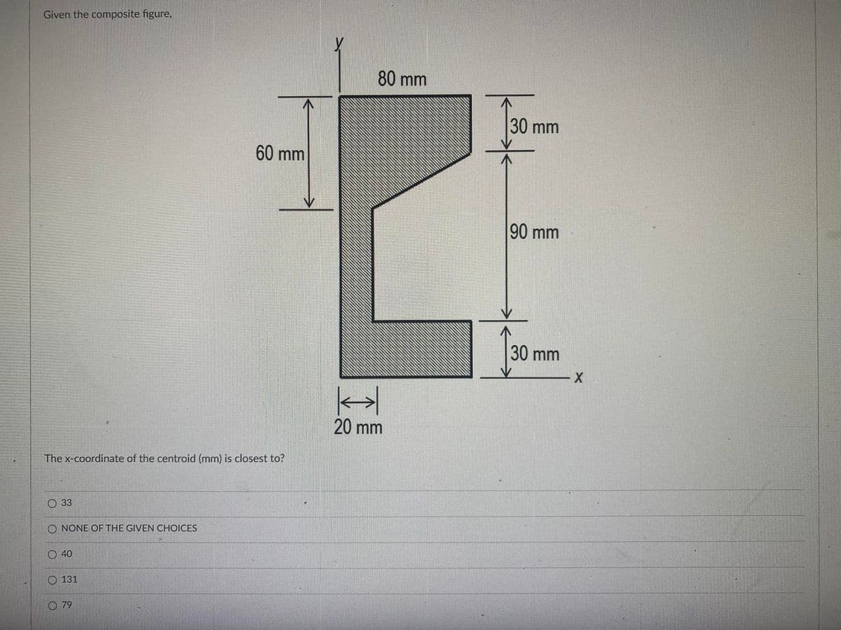 Given the composite figure,
80 mm
30 mm
60 mm
90 mm
30 mm
20 mm
The x-coordinate of the centroid (mm) is closest to?
O 33
O NONE OF THE GIVEN CHOICES
O 40
131
79
