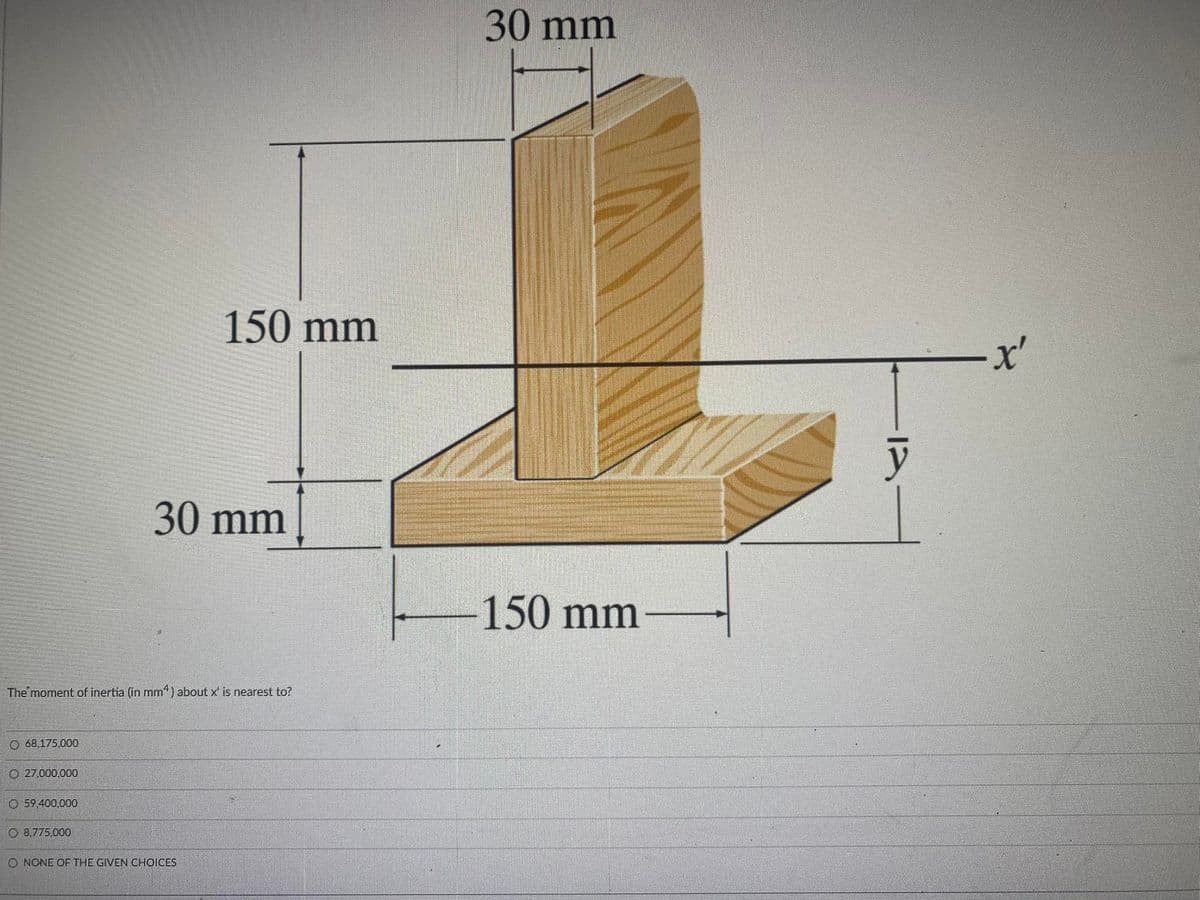 30 mm
150 mm
30 mm
150 mm
The moment of inertia (in mm“) about x' is nearest to?
O 68,175,000
O 27.000.000
O 59.400.000
O 8.775,000
O NONE OF THE GIVEN CHOICES
