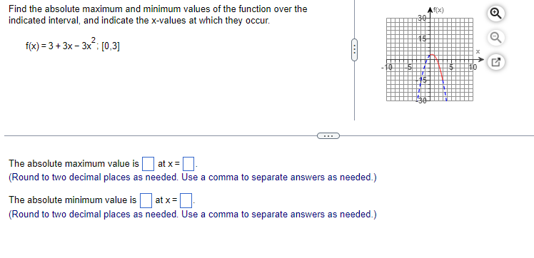 Find the absolute maximum and minimum values of the function over the
indicated interval, and indicate the x-values at which they occur.
f(x) = 3 + 3x - 3x²; [0,3]
The absolute maximum value is
at x =
(Round to two decimal places as needed. Use a comma to separate answers as needed.)
The absolute minimum value is
at x =
(Round to two decimal places as needed. Use a comma to separate answers as needed.)
Af(x)
x 4
Q