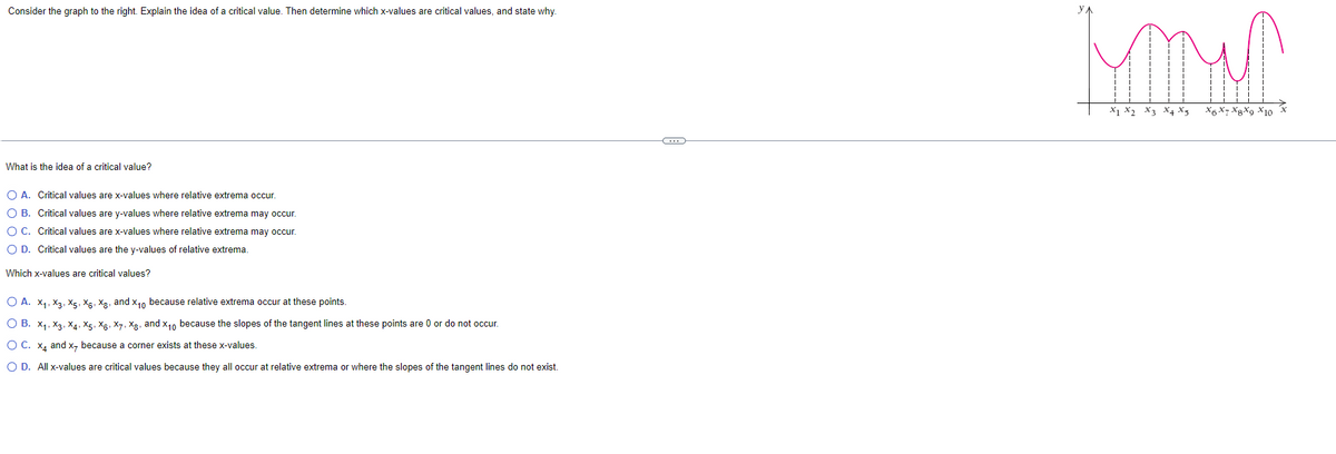 Consider the graph to the right. Explain the idea of a critical value. Then determine which x-values are critical values, and state why.
What is the idea of a critical value?
O A. Critical values are x-values where relative extrema occur.
O B.
Critical values are y-values where relative extrema may occur.
O C. Critical values are x-values where relative extrema may occur.
O D. Critical values are the y-values of relative extrema.
Which x-values are critical values?
O A. X₁, X3, X5, X6, Xg, and x₁0 because relative extrema occur at these points.
O B. X₁, X3, X4, X5, X6, X7, Xg, and X₁0 because the slopes of the tangent lines at these points are 0 or do not occur.
O C. x4 and x, because corner exists at these x-values.
O D. All x-values are critical values because they all occur at relative extrema or where the slopes of the tangent lines do not exist.
-
LOND
X1 X2 X3 X4 Xy
X6 X7 X8X9 X10