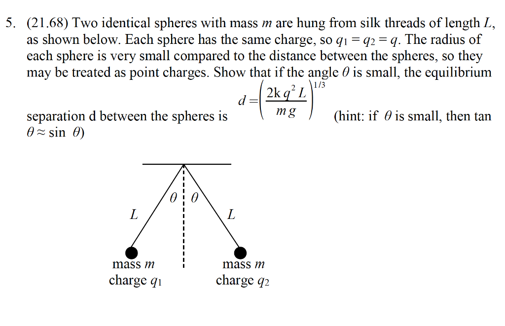 5. (21.68) Two identical spheres with mass m are hung from silk threads of length L,
as shown below. Each sphere has the same charge, so q1 = q2 = q. The radius of
each sphere is very small compared to the distance between the spheres, so they
may be treated as point charges. Show that if the angle 0 is small, the equilibrium
2k q² L
|1/3
d =
mg
separation d between the spheres is
0- sin 0)
(hint: if 0 is small, then tan
L
mass m
mass m
charge qi
charge q2
