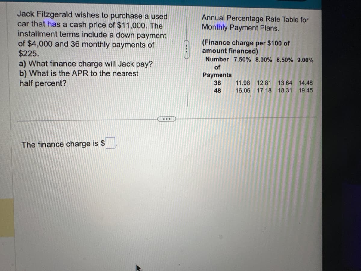 Jack Fitzgerald wishes to purchase a used
car that has a cash price of $11,000. The
installment terms include a down payment
of $4,000 and 36 monthly payments of
$225.
a) What finance charge will Jack pay?
b) What is the APR to the nearest
half percent?
The finance charge is $
Annual Percentage Rate Table for
Monthly Payment Plans.
(Finance charge per $100 of
amount financed)
Number 7.50% 8.00% 8.50% 9.00%
of
Payments
36
48
11.98 12.81 13.64 14.48
16.06 17.18 18.31 19.45