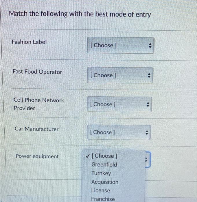 Match the following with the best mode of entry
Fashion Label
[Choose]
→
Fast Food Operator
[Choose]
+
Cell Phone Network
[Choose ]
Provider
Car Manufacturer
[Choose ]
Power equipment
✓ [Choose ]
Greenfield
Turnkey
Acquisition
License
Franchise