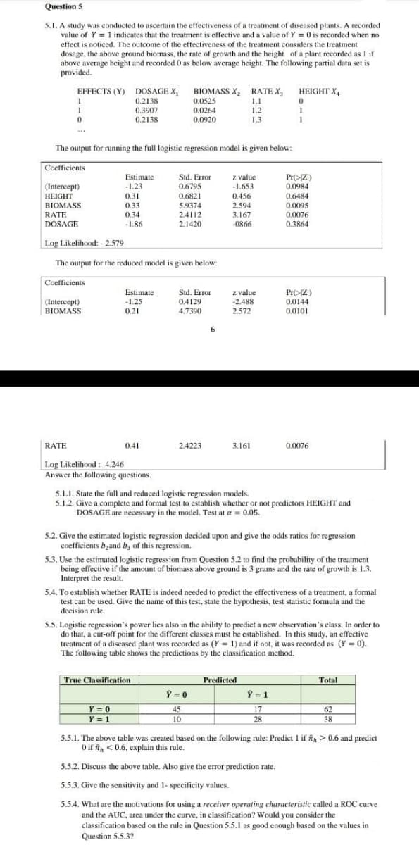 Question 5
5.1. A study was conducted to ascertain the effectiveness of a treatment of diseased plants. A recorded
value of Y= 1 indicates that the treatment is effective and a value of Y = 0 is recorded when no
effect is noticed. The outcome of the effectiveness of the treatment considers the treatment
dosage, the above ground biomass, the rate of growth and the height of a plant recorded as I if
above average height and recorded 0 as below average height. The following partial data set is
provided.
EFFECTS (Y) DOSAGE X₁ BIOMASS X₂ RATE X₂
0.2138
0.0525
1.1
0.0264
1.2
0.0920
1.3
1
0
The output for running the full logistic regression model is given below:
Coefficients
(Intercept)
HEIGHT
BIOMASS
RATE
DOSAGE
0.3907
0.2138
Estimate
-1.23
0.31
0.33
0.34
-1.86
Log Likelihood: - 2.579
The output for the reduced model is given below:
Coefficients
(Intercept)
BIOMASS
Estimate
-1.25
0.21
RATE
Log Likelihood: -4.246
Answer the following questions.
0.41
Std. Error
0.6795
0.6821
5.9374
24112
2.1420
Y = 0
Y = 1
Std. Error
0.4129
4.7390
2.4223
True Classification
6
z value
-1.653
0.456
2.594
3.167
-0866
z value
-2.488
2.572
3.161
P=0
45
10
HEIGHT X₂
0
1
1
5.1.1. State the full and reduced logistic regression models.
5.1.2. Give a complete and formal test to establish whether or not predictors HEIGHT and
DOSAGE are necessary in the model. Test at a = 0.05.
Pr(>Z)
0.0984
5.2. Give the estimated logistic regression decided upon and give the odds ratios for regression
coefficients band by of this regression.
0.6484
0.0095
0.0076
0.3864
5.3. Use the estimated logistic regression from Question 5.2 to find the probability of the treatment
being effective if the amount of biomass above ground is 3 grams and the rate of growth is 1.3.
Interpret the result.
Pr(>Z)
0.0144
0.0101
5.4. To establish whether RATE is indeed needed to predict the effectiveness of a treatment, a formal
test can be used. Give the name of this test, state the hypothesis, test statistic formula and the
decision rule.
Predicted
0.0076
5.5. Logistic regression's power lies also in the ability to predict a new observation's class. In order to
do that, a cut-off point for the different classes must be established. In this study, an effective
treatment of a diseased plant was recorded as (Y= 1) and if not, it was recorded as (Y= 0).
The following table shows the predictions by the classification method.
Y = 1
17
28
Total
62
38
5.5.1. The above table was created based on the following rule: Predict 1 if ft > 0.6 and predict
0 if ft < 0.6, explain this rule.
5.5.2. Discuss the above table. Also give the error prediction rate.
5.5.3. Give the sensitivity and 1- specificity values.
5.5.4. What are the motivations for using a receiver operating characteristic called a ROC curve
and the AUC, area under the curve, in classification? Would you consider the
classification based on the rule in Question 5.5.1 as good enough based on the values in
Question 5.5.3?