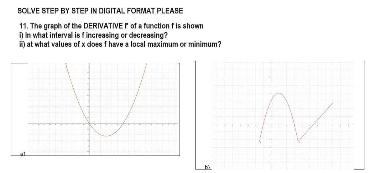 SOLVE STEP BY STEP IN DIGITAL FORMAT PLEASE
11. The graph of the DERIVATIVE f' of a function f is shown
i) In what interval is f increasing or decreasing?
ii) at what values of x does f have a local maximum or minimum?
a)
*
b)