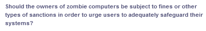 Should the owners of zombie computers be subject to fines or other
types of sanctions in order to urge users to adequately safeguard their
systems?