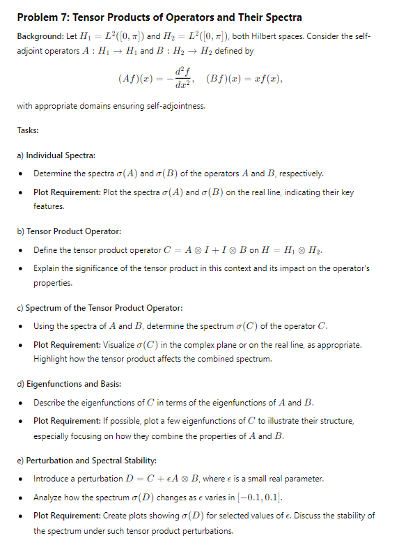 Problem 7: Tensor Products of Operators and Their Spectra
Background: Let H₁ = L²([0, 1]) and H₂ = L²([0, 1]), both Hilbert spaces. Consider the self-
adjoint operators A: H₁ →H₁ and B: H2 → H₂ defined by
d²ƒ
(Af)(x)
=
da²
(Bf)(x) = xf(x),
with appropriate domains ensuring self-adjointness.
Tasks:
a) Individual Spectra:
•
Determine the spectra (A) and (B) of the operators A and B, respectively.
⚫ Plot Requirement: Plot the spectra σ(A) and (B) on the real line, indicating their key
features.
b) Tensor Product Operator:
• Define the tensor product operator C = A&I+IB on H = H₁ & H₂.
• Explain the significance of the tensor product in this context and its impact on the operator's
properties.
c) Spectrum of the Tensor Product Operator:
• Using the spectra of A and B, determine the spectrum (C) of the operator C.
• Plot Requirement: Visualize (C) in the complex plane or on the real line, as appropriate.
Highlight how the tensor product affects the combined spectrum.
d) Eigenfunctions and Basis:
• Describe the eigenfunctions of C' in terms of the eigenfunctions of A and B.
•
Plot Requirement: If possible, plot a few eigenfunctions of C to illustrate their structure,
especially focusing on how they combine the properties of A and B.
e) Perturbation and Spectral Stability:
•
Introduce a perturbation D = C + EA & B, where € is a small real parameter.
• Analyze how the spectrum (D) changes as e varies in [-0.1, 0.1].
•
Plot Requirement: Create plots showing σ(D) for selected values of e. Discuss the stability of
the spectrum under such tensor product perturbations.