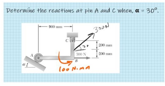 Determine the reactions at pin A and C when, a = 30°.
900 mm
,300N
200 mm
300 N
200 mm
B.
lo0 N.mm
